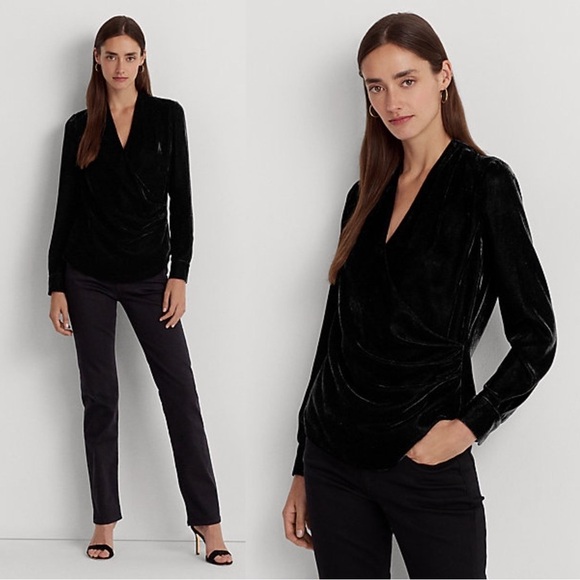 NWT Lauren Ralph Lauren Pleated Velvet Surplice Blouse Black - Picture 1 of 3